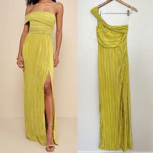 Poised Performance Chartreuse Plisse One-Shoulder Maxi Dress